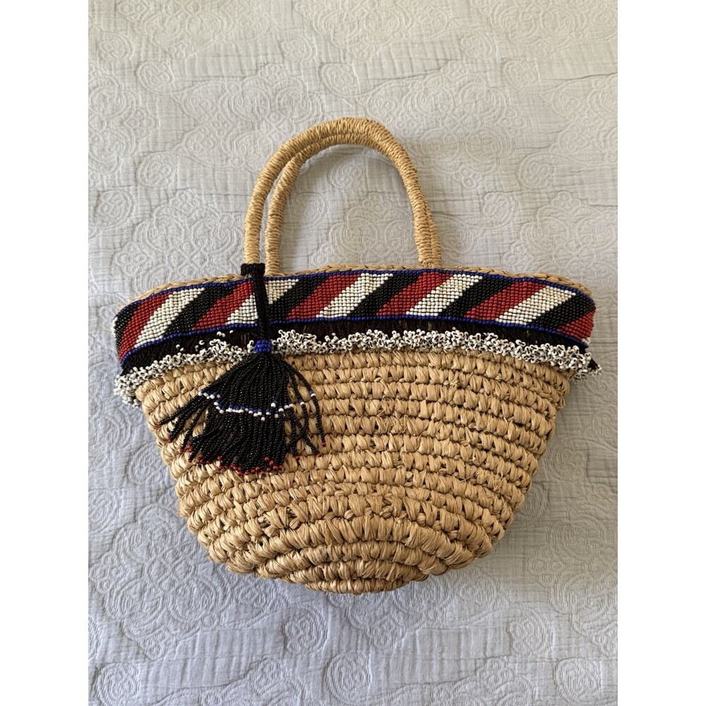 Anthropologie Made By‎ Wave Straw Woven Beaded Bag Boho Beach Neutral Drawstring